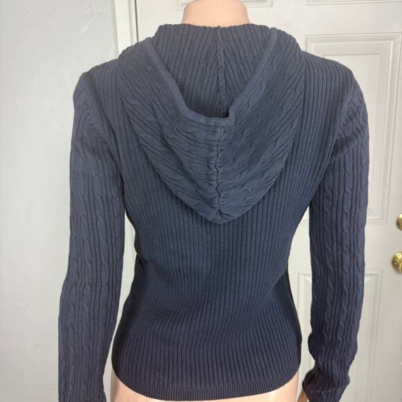 Vintage Y2K Old Navy Women's Sweater XS Cable Knit Hooded Navy Cotton X4-25 - Picture 4 of 7